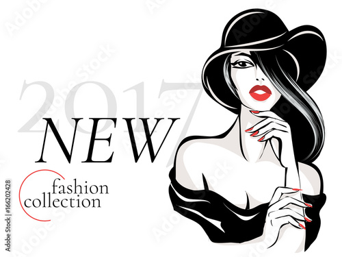 Black and white new fashion collection advertisement with beautiful woman model portrait, vamp style brunette, red lips, hand drawn vector illustration
