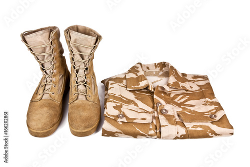 army boots and combat shirt isolated on white background