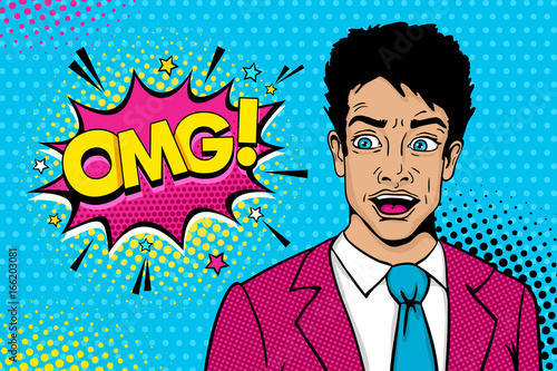 Wow pop art male face. Young sexy surprised man in suit with open mouth and expressional OMG speech bubble with stars. Vector colorful illustration in retro comic style. Party invitation poster.
