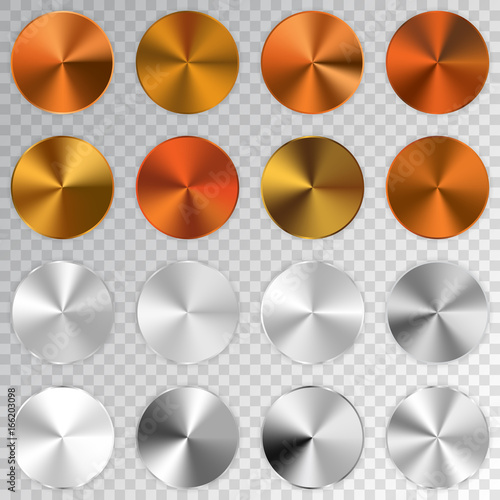 Conic metallic gradients set, cooper, golden, bronze, silver texture collection, shine, glowing objects. Transparent background. Vector illustration.