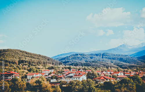 Sunset in Balkan mountains, Dobrinishte city. Europe, Bulgaria, Dodrinishte town panoramic view.