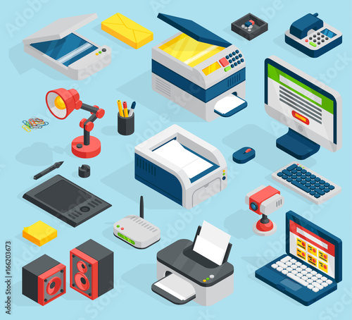 Isometric office equipment technics vector