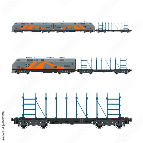 Orange Locomotive with Railway Platform for Timber Transportation Or other Cargoes, Train, Railway and Cargo Transport, Vector Illustration