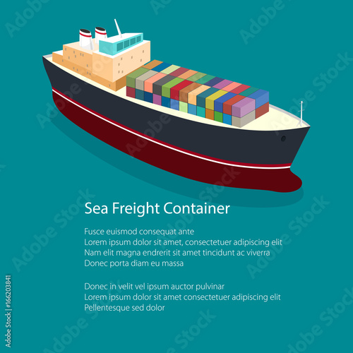 Flyer Isometric Container Ship on the Water and Text, a Top View of a Cargo Ship with Containers on Board in the Ocean, Poster Brochure Design, Vector Illustration
