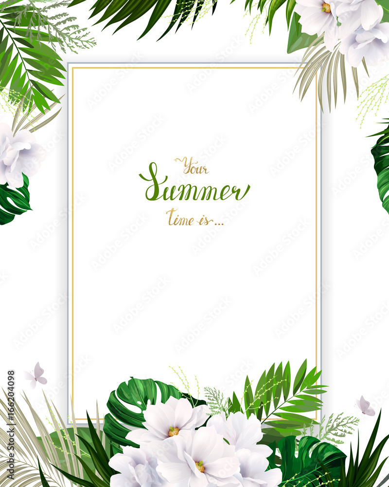 Universal invitation or congratulation card with green tropical palm ...