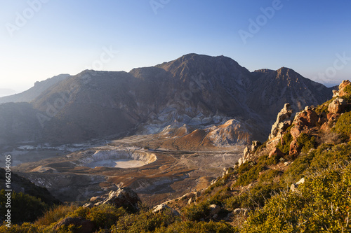 View of the volcano crater from Nikia village on Nisyros island in Dodecanese island group, Greece.

