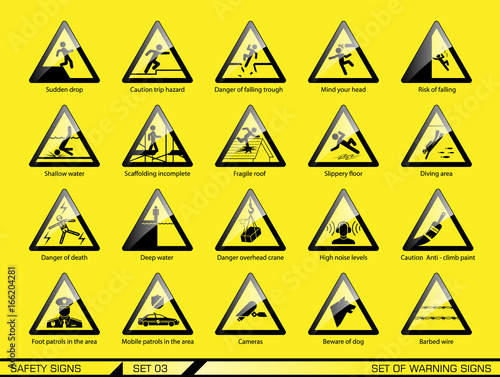 Set of safety warning signs. Signs of danger. Signs of alerts.