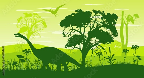 Prehistoric vector landscape, forest and dinosaurs silhouettes