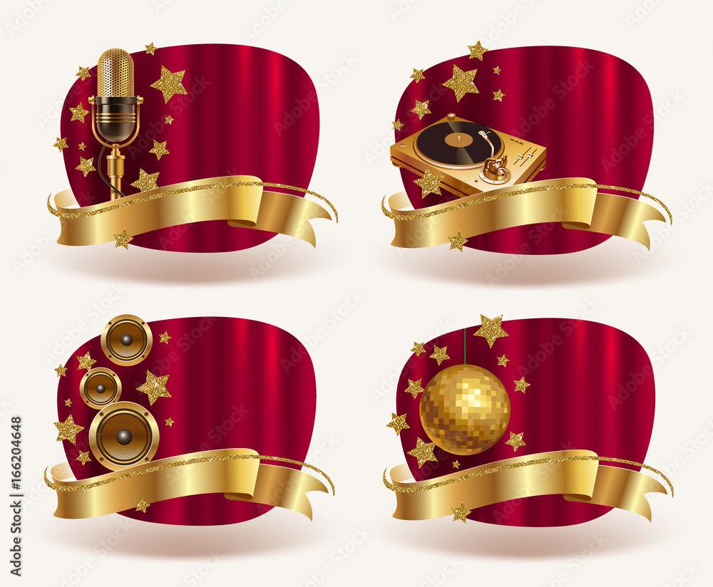 Vector red frames with golden musical equipments & banner Vector red frames with golden musical equipments & banner