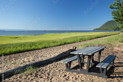 picnic table and river