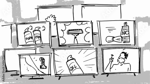 Shaving process seen on different screens. Man and woman shaving in the bathroom sketch Vector illustration for cartoon, or storyboard projects