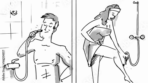 Man and woman shaving in the bathroom. New improved technology. sketch Vector illustration for cartoon, or storyboard projects
