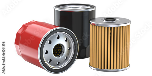 Three oil filter, 3d illustration, 3D render, isolated on white background