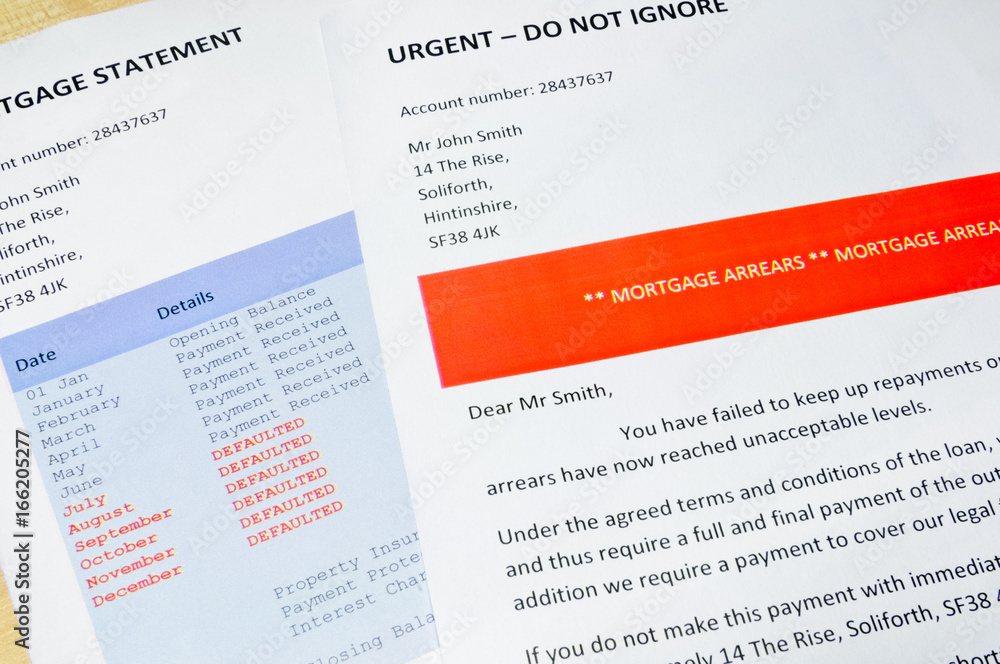 Bank letter informing customer of Mortgage Arrears and repossession with statement showing Bank letter informing customer of Mortgage Arrears and repossession with statement showing