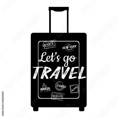 Let's travel. Vector card with handwritten lettering phrase and silhouette of valise isolated on white background. Label vector illustration
