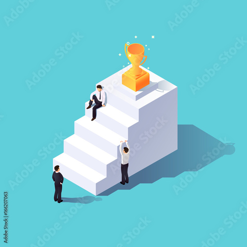 Isometric 3d career concept. Businessmen climbing career ladder.