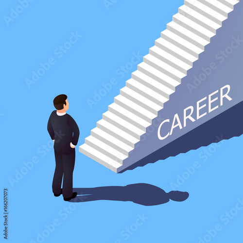 Isometric 3d career concept. The businessman is going to climb the career ladder.