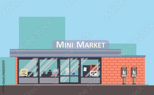 Shop colorful vector facade. Mini market flat concept.