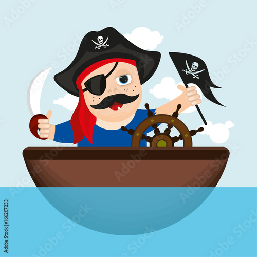 Cheerful sailor on boat, baby illustration, boat at sea