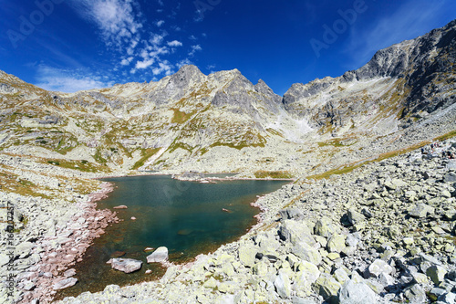 View of "Velke Zabie pleso" - lake near "Chata pod Rysami" mountain shelter and hostel