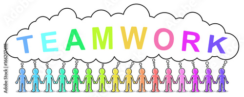 Eine Gruppe von Strichmännchen Hand in Hand mit Sprechblase „TEAMWORK“ / Panorama, farbenfroh, gezeichnet, Vektor, freigestellt