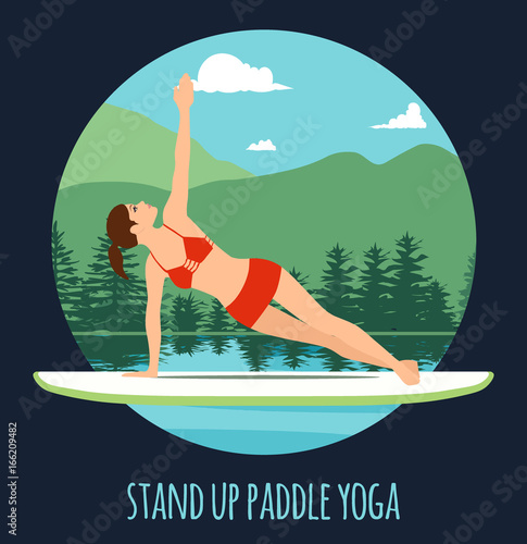 Woman doing Stand Up Paddling Yoga on Paddle Board on Water at lake Mountain landscape Stand Up Paddle Yoga Workout.