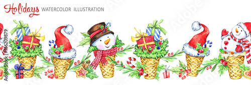 Wallpaper Mural Watercolor seamless horizontal garland. Waffle cone with snowmans, Santa hats and gifts. Funny dessert. Cretive New Year. Christmas illustration. Can be use in winter holidays design, poster. Torontodigital.ca