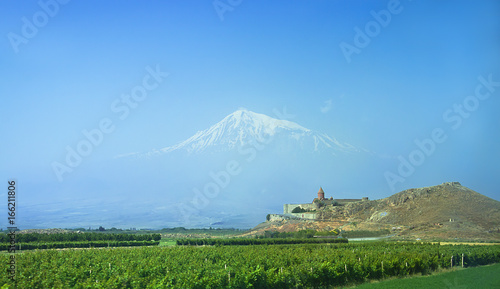 Khor Virap is an Armenian monastery located on the Ararat plain in Armenia. Mount Ararat in the fog.