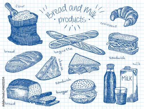 Bread and milk products on the notebook paper