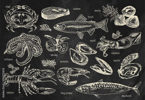 seafood menu, octopus, mussels, lobster, trout, shells, mackerel, crab, oyster, king prawns, shrimps, squid, salmon, calamari on chalkboard background
