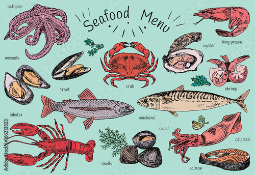 seafood menu, octopus, mussels, lobster, trout, shells, mackerel, crab, oyster, king prawns, shrimps, squid, salmon, calamari