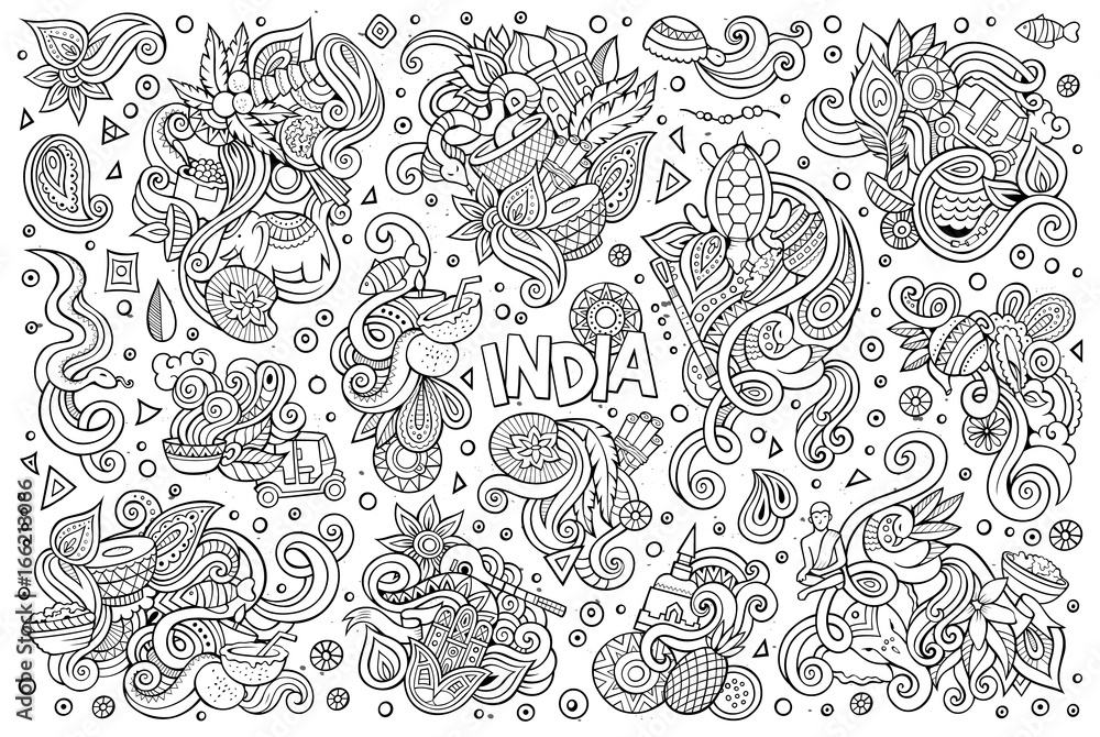 Fototapeta premium Vector doodle cartoon set of Indian designs