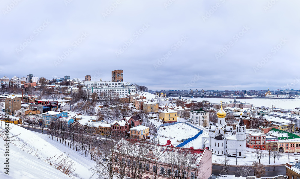 Panorama in the historic city center of Nizhny Novgorod in Russia. Winter.