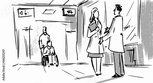 Hospital scene man and woman talking in the hall Vector sketch for cartoon, or storyboard projects