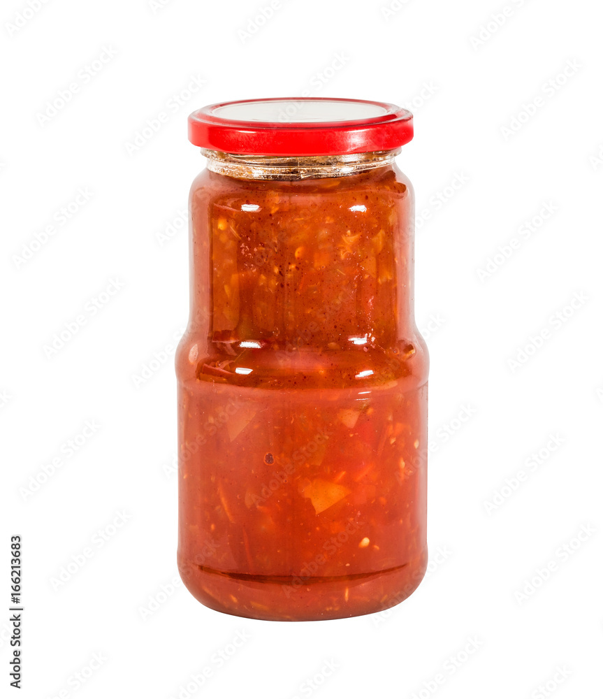 Lecho (ragout from pereets, tomatoes, onions) in a glass jar isolated on white Lecho (ragout from pereets, tomatoes, onions) in a glass jar isolated on white
