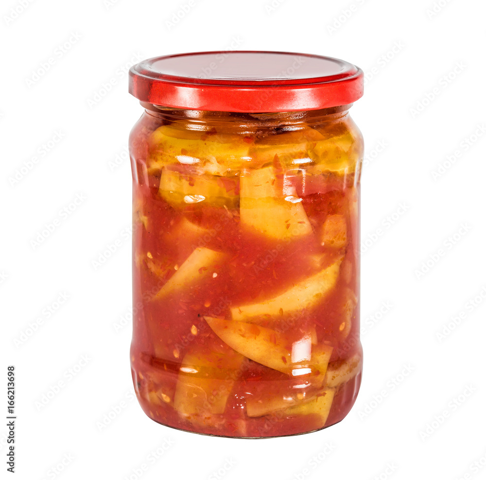 Lecho (ragout from pereets, tomatoes, onions) in a glass jar isolated on white Lecho (ragout from pereets, tomatoes, onions) in a glass jar isolated on white