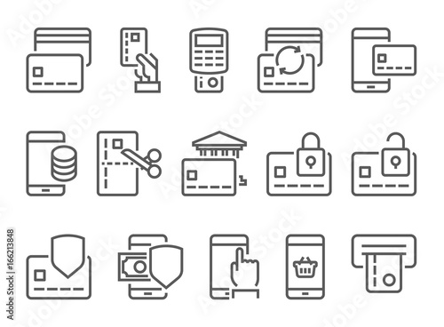 Pay on line and mobile banking line icons