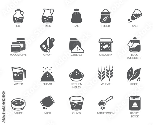 Set of 20 flat icons on cookery theme. Ingredients for cooking and kitchen accessories. Logo for various recipes, cookbooks, culinary sites, stores and other projects. Vector illustration