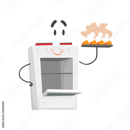 Funny electric cooker character with smiling face, humanized home electrical equipment vector Illustration