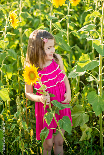 Smiling litlle girl holding sunflower on the field in summer. Portrait of a smiling girl in the field of sunflowers
