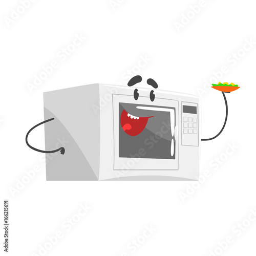 Funny microwave character with smiling face, humanized home electrical equipment vector Illustration