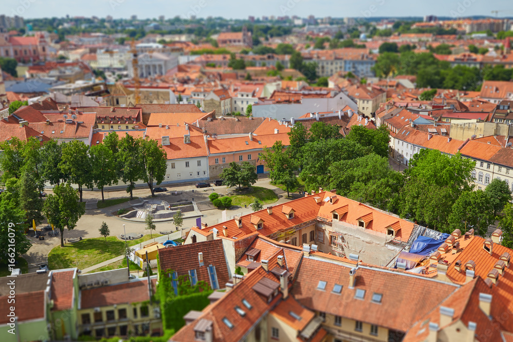A view from above of the old city of Vilnius with tilt shift lens effect