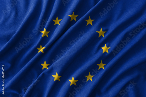 European Union ( EU ) flag painting on high detail of wave cotton fabrics . 3D illustration