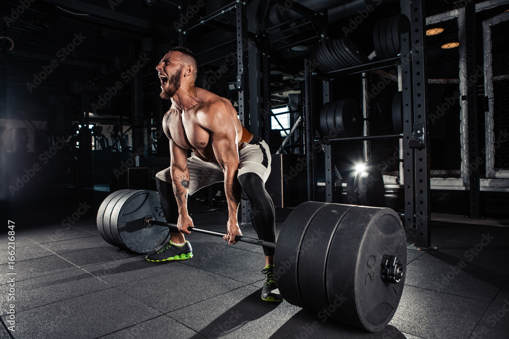 Muscular men lifting deadlift