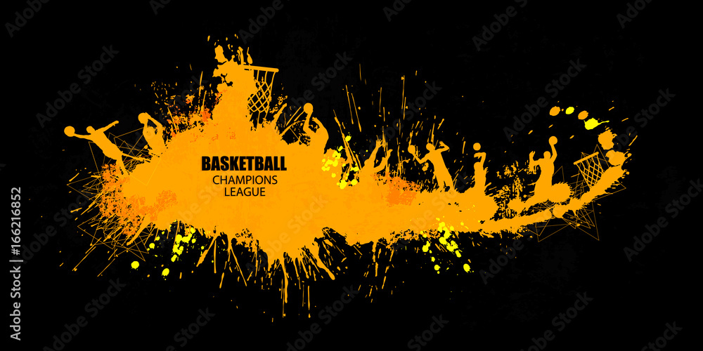 Obraz premium Vector basketball, template of horizontal banner, ink, spots, splashes, players, hand drawing.