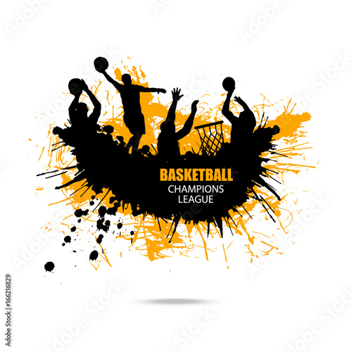 Vector design for basketball, hand drawing, grunge style, splashes. Abstract Ink background.