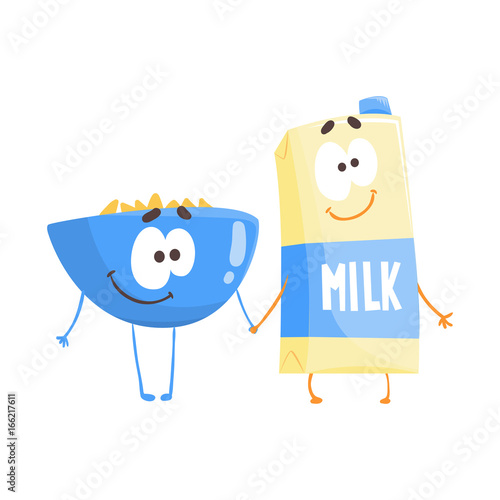 Cute cartoon bowl of flakes and carton of milk with smiley face, funny fast food character vector Illustration