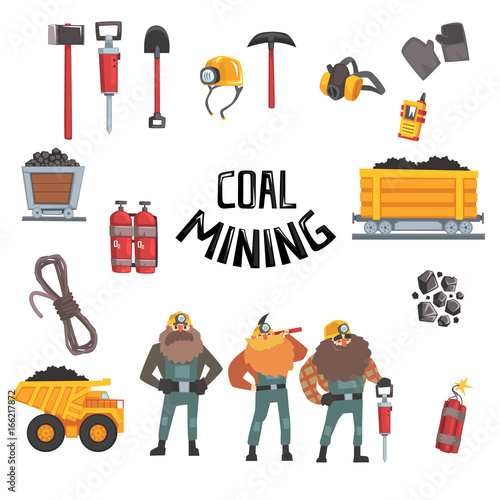 Coal mining industry set, working miners, transport, miner equipment and tools vector Illustration