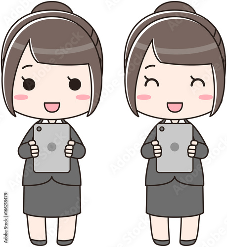 スマートフォン・タブレット 女性 リクルートスーツ 手に持つ 笑顔