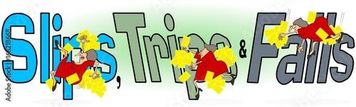 Illustration of the words, slips, trips and falls with a female worker in mirroring the actions.